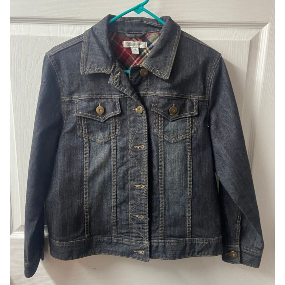 Coldwater Creek Denim Jean Jacket Petite Medium PM  Black Wool Accents Pockets